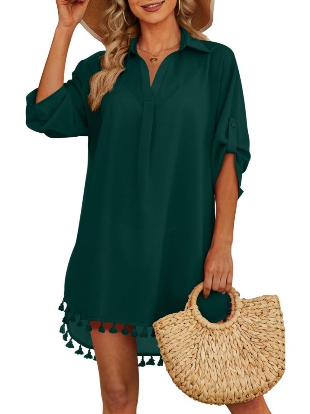 Women's Dark Green Polyester Cover Up Tassel Swimsuit Bathing Suit for Swimwear